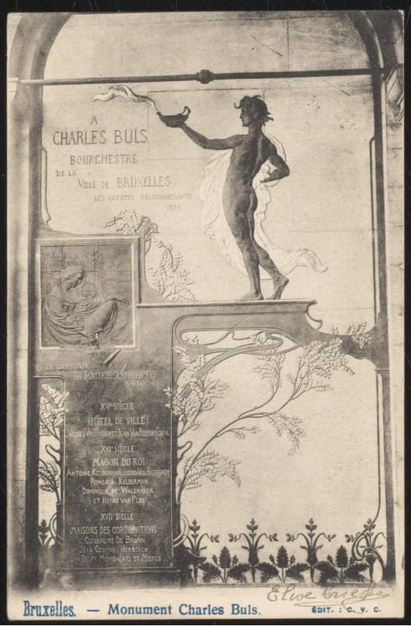 Old postcard with the Monument to Charles Buls