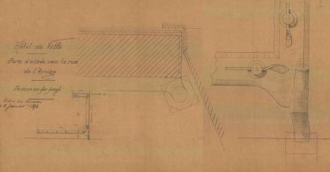 Gate leading onto Rue de l'Amigo. Wrought-iron hinges. Drawing, signed Raemarkers, 2 January 1889, pencil on paper © AVB TP 7222